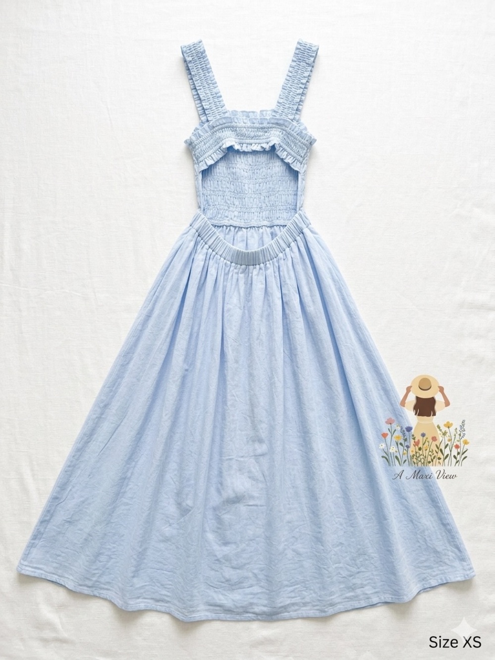 H&M Light Blue 100% Cotton Smocked Open Back Cutout Maxi Dress - Size XS EUC